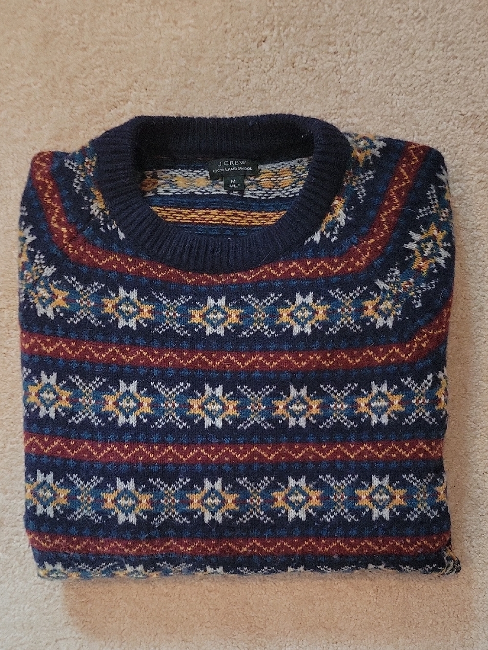J. Crew 100% Lambswool Navy Fair Isle Crewneck with Burgundy and Mustard Accents